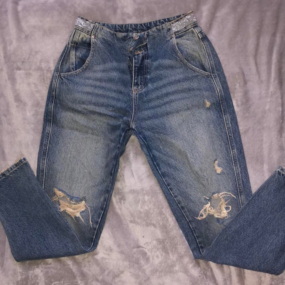 ZARA Distressed Rhinestone Waistband Mom Jeans | Size 2